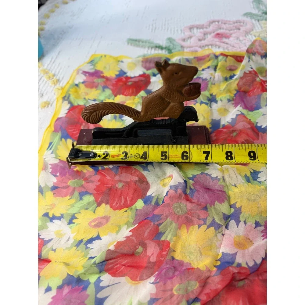 Vintage Squirrel Cast Iron Nutcracker on Wood Base Rustic Cabin Decor